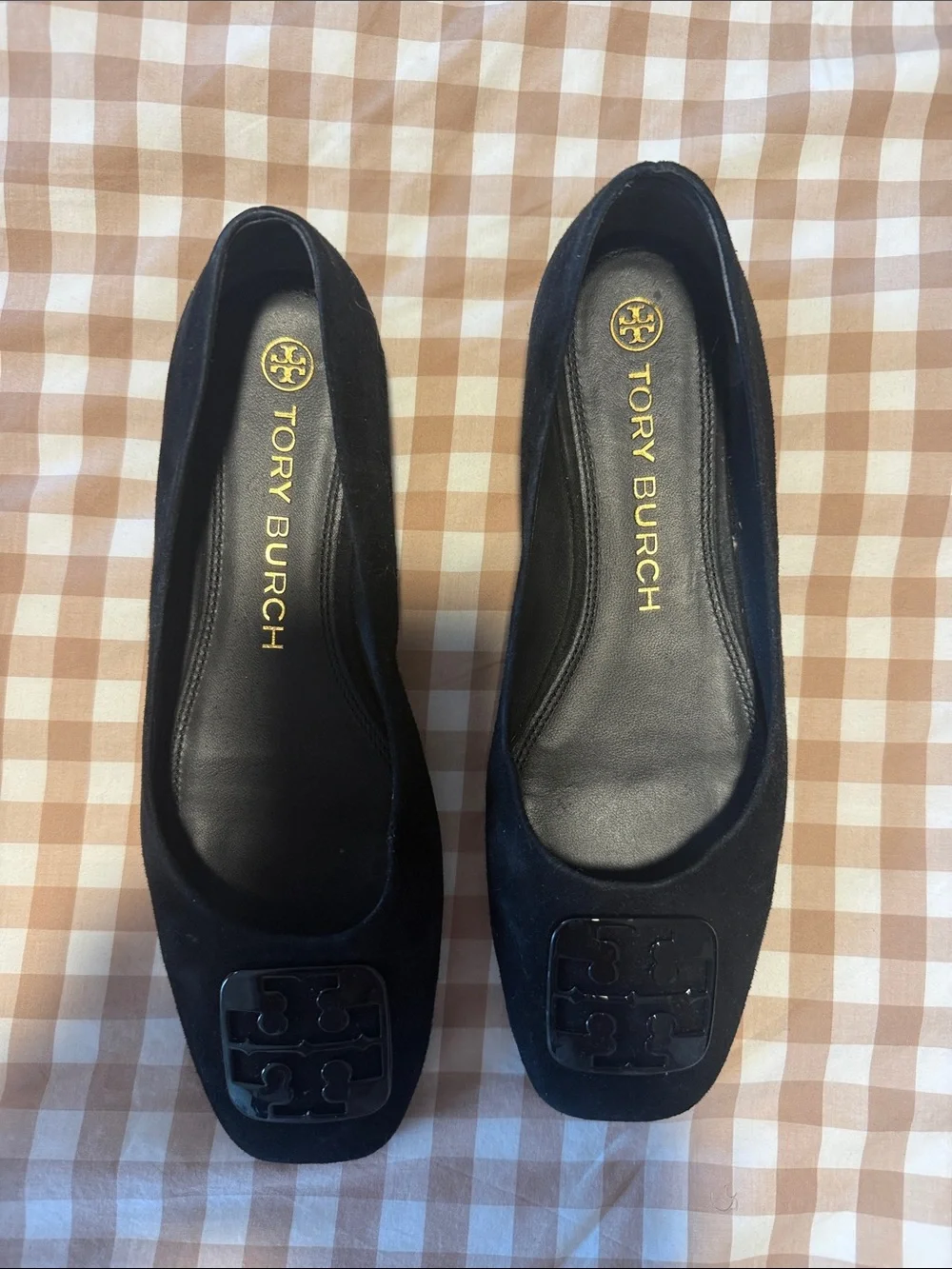Tory Burch Black Suede Logo Square-Toe Flats